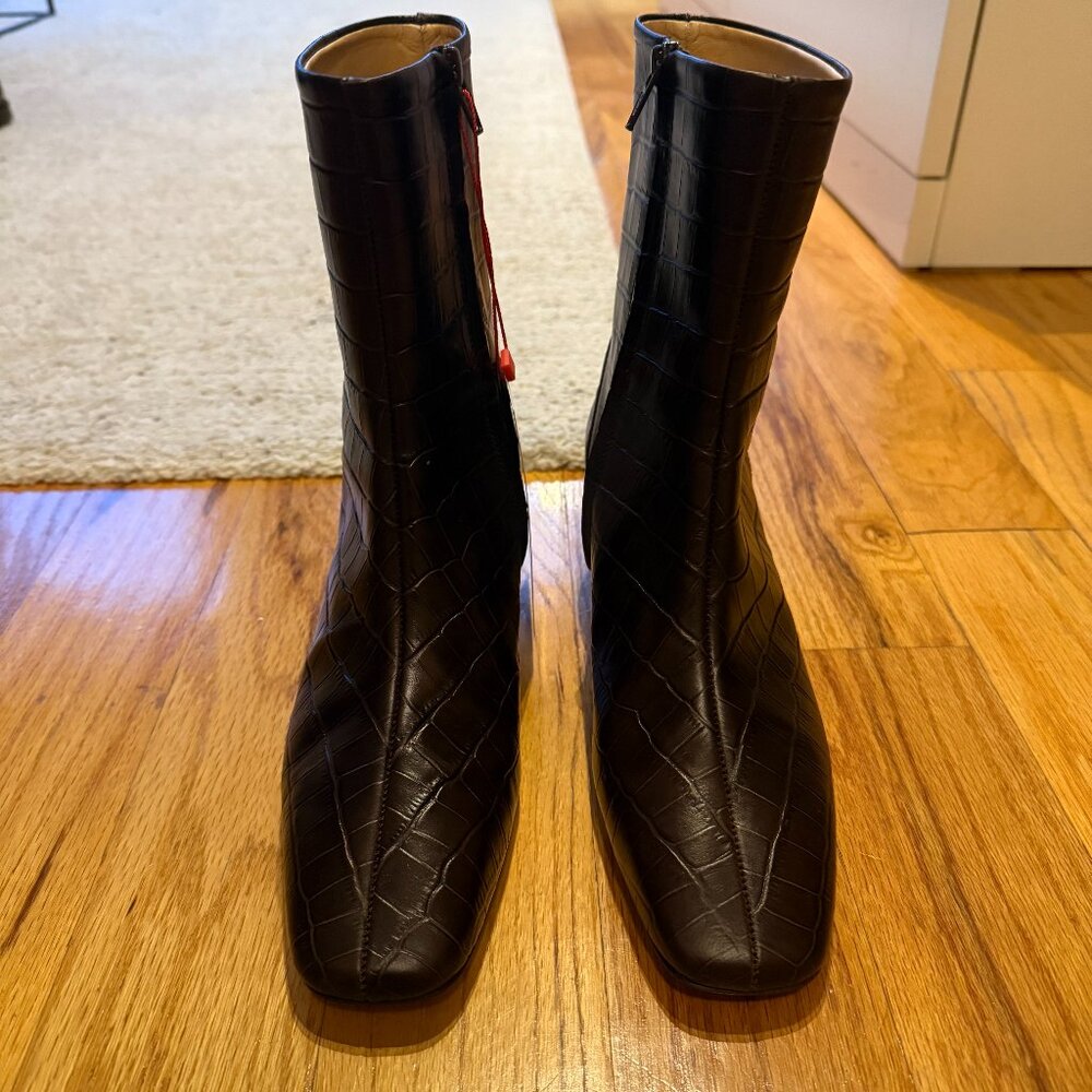 Brown Croc-Effect Leather Ankle Boots